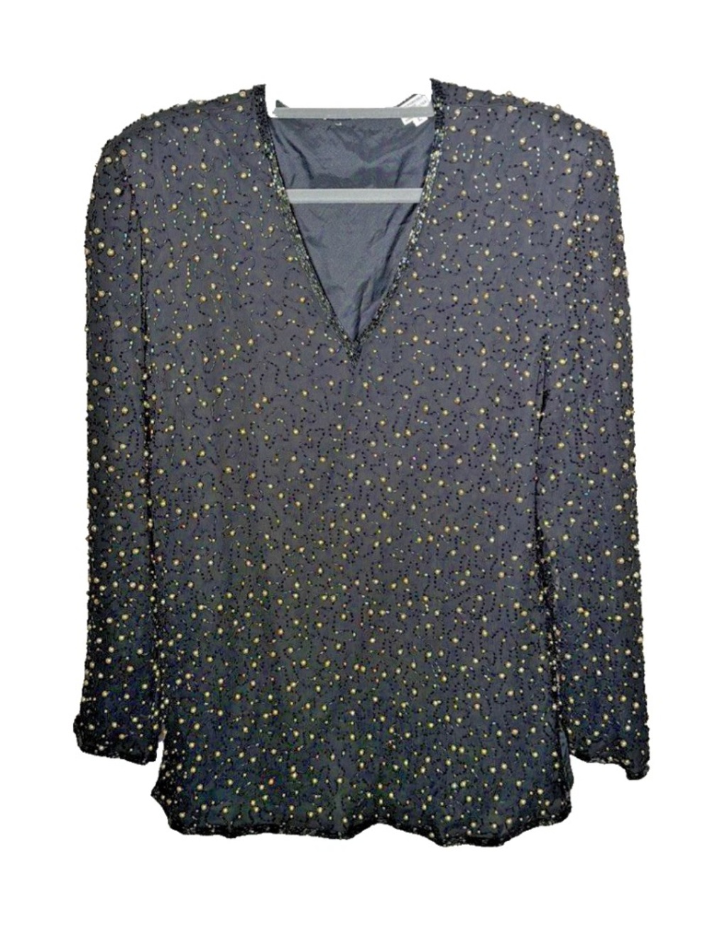 Vintage Beaded Silk Blouse Top Long Sleeve V Neck Black Gold